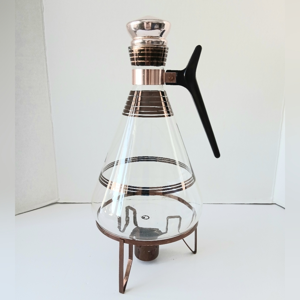 Vtg Inland Glass Mid Century Coffee Carafe And Warmer Stand With Cork Cap